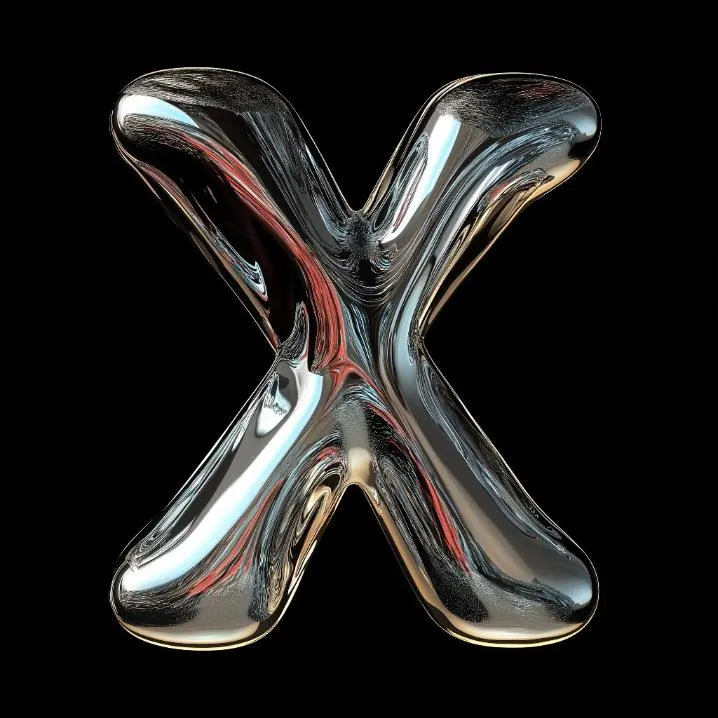 Letter PFP #160: A clear liquid glass letter X with chrome reflections and hints of red stands on a plain black background.
