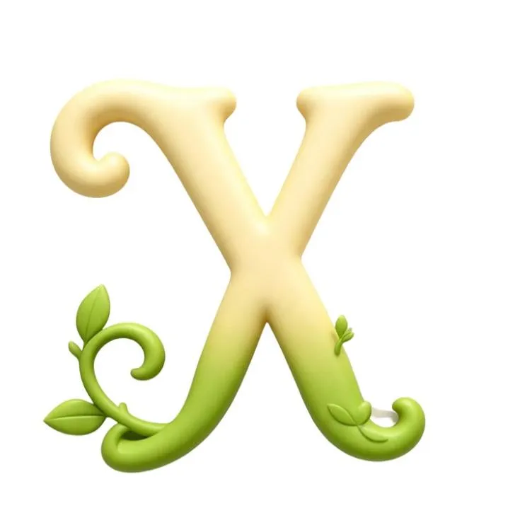Letter PFP #161: A soft 3D letter X fades from cream to green and curls into vines with small leaves on white.