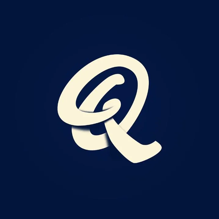 Letter PFP #166: A chunky cream letter Q with a looping tail casts a soft shadow on a deep navy blue background.
