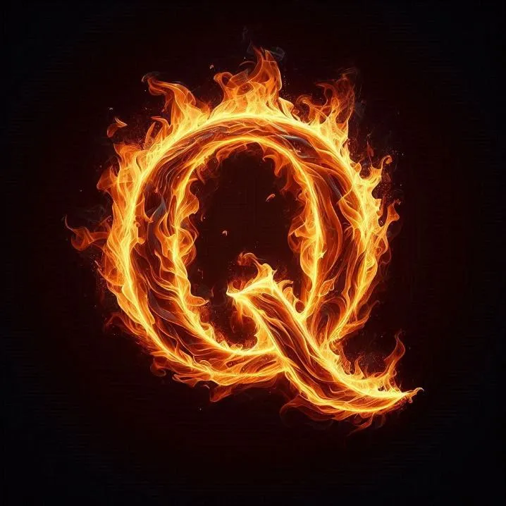 Letter PFP #167: A letter Q made of bright orange flames and sparks burns against a dark black background.