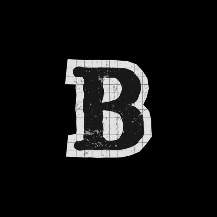 Letter PFP #84: A distressed black letter B on a torn white grid paper cutout stands against a plain black background.