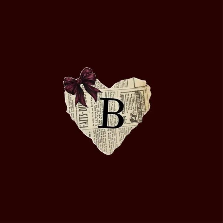 Letter PFP #85: A black serif letter B sits on a torn newspaper heart topped with a dark red bow on a deep maroon background.