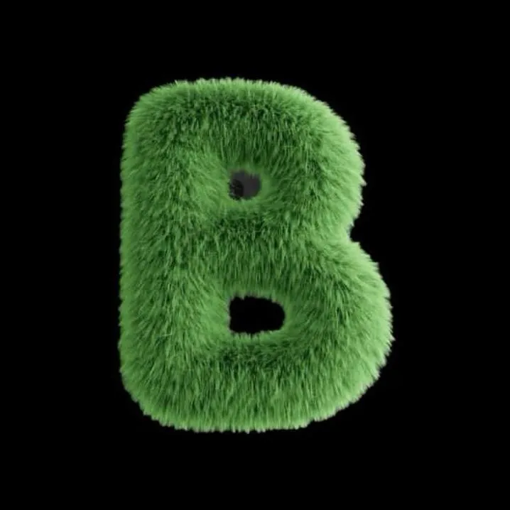 Letter PFP #87: A fluffy green fur letter B with a soft, grassy texture stands out against a plain black background.