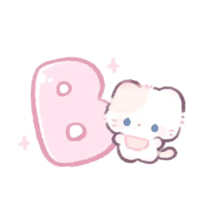 Letter PFP #88: A pale pink bubble letter B sits beside a small white kitten with blue eyes, with tiny pink sparkles on white.