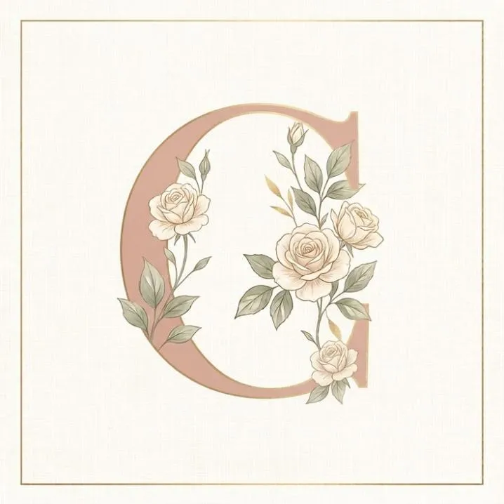 Letter PFP #91: A dusty pink letter C wrapped in cream roses and green leaves sits inside a thin gold frame on cream paper.