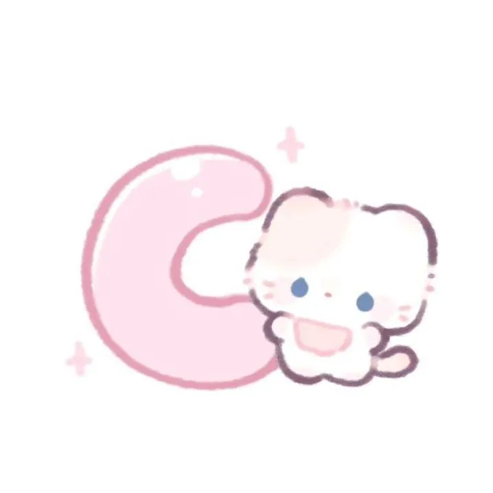 Letter PFP #94: A glossy pale pink bubble letter C curves around a small white kitten with blue eyes, with pink sparkles on white.