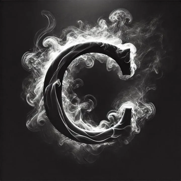 Letter PFP #95: A black letter C is wrapped in swirling white smoke against a dark grey background.