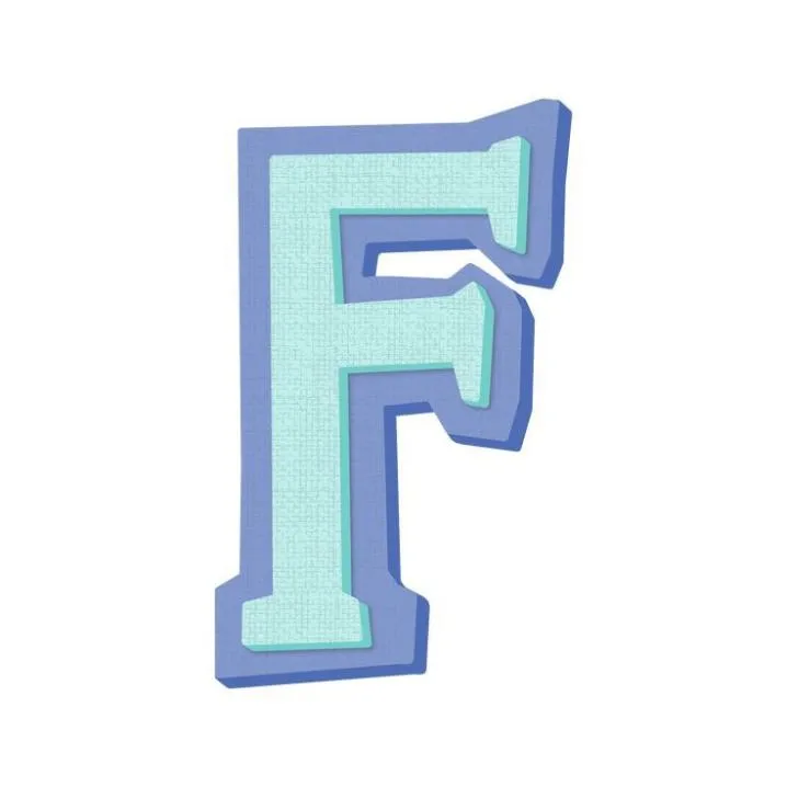 Letter PFP #97: A chunky letter F in mint green with a periwinkle blue 3D edge stands on a plain white background.
