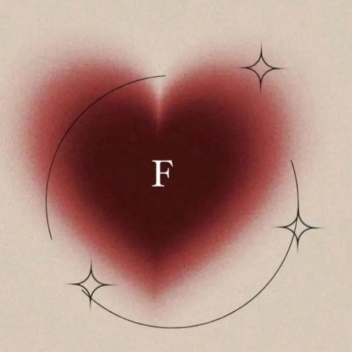 Letter PFP #98: A small white serif letter F sits on a blurred dark red heart with a thin curved line and sparkles on beige.