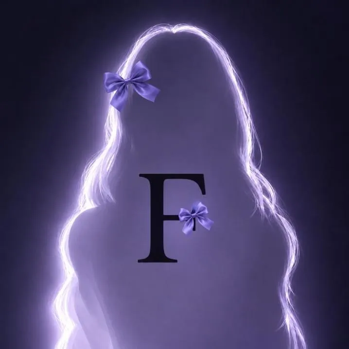 Letter PFP #99: A black letter F with a purple bow sits on the glowing outline of a long haired girl against dark purple.