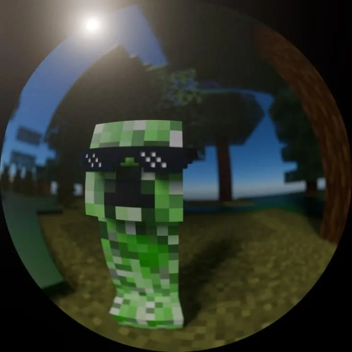 Minecraft PFP #18: A green creeper wearing black pixel sunglasses stands in a dark forest, seen through a round fisheye lens at dusk.