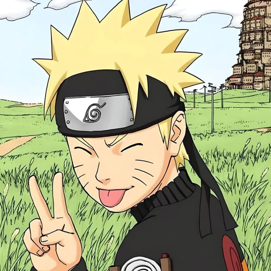 Naruto PFP #23: Naruto squeezes his eyes shut, sticks out his tongue and flashes a peace sign in a grassy field near the village.