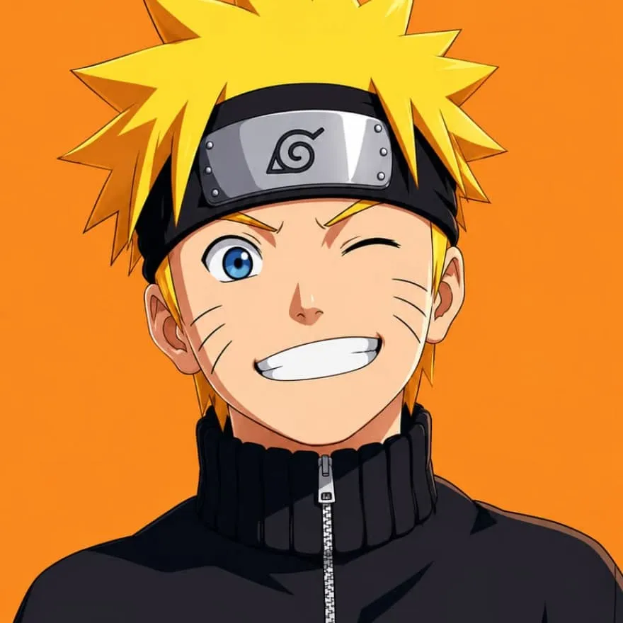 Naruto PFP #24: Naruto in his leaf headband and black zip jacket winks one blue eye with a big grin on a bright orange background.
