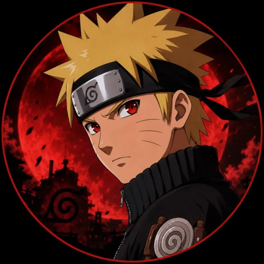 Naruto PFP #25: Naruto with red eyes and a serious face looks over his shoulder in a black jacket under a huge red moon in a circle.