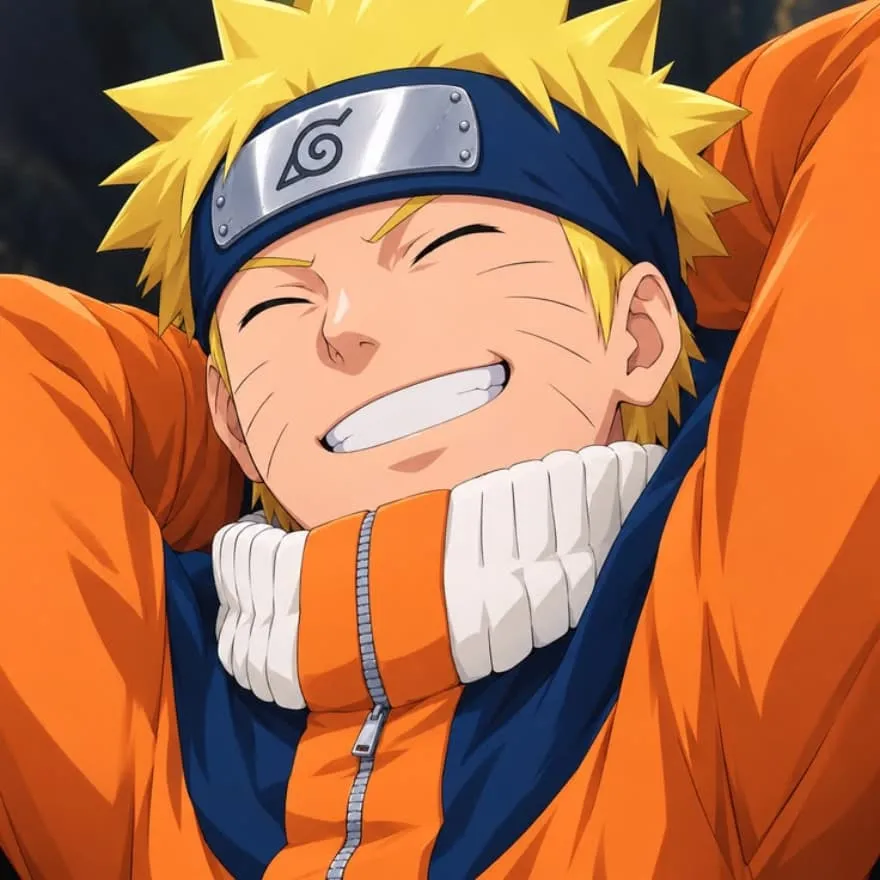 Naruto PFP #27: Naruto stretches both arms behind his head and grins with closed eyes in his orange and blue tracksuit and blue headband.