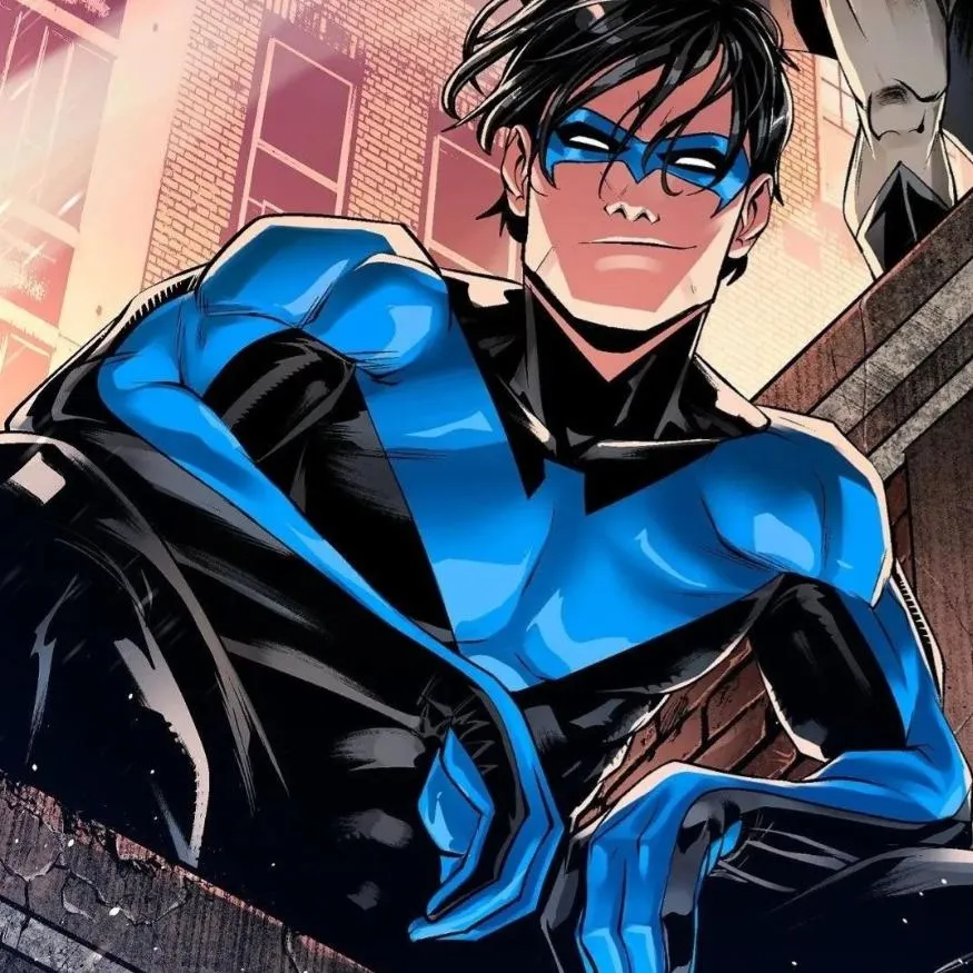 Nightwing PFP #14: Nightwing in a black and bright blue suit with a blue mask sits on a brick ledge and smiles down past city windows.