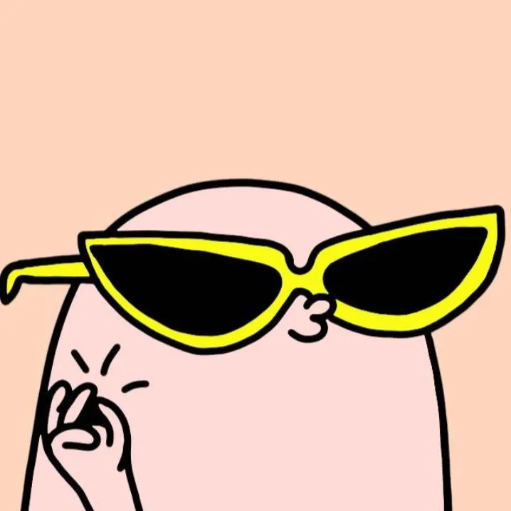 Nonchalant PFP #18: A pale pink blob in pointed yellow cat eye sunglasses blows a kiss with one hand against a soft peach background.