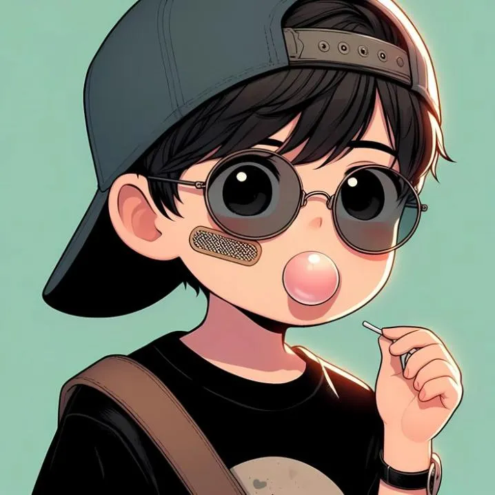 Nonchalant PFP #19: A dark haired boy in a backwards grey cap and round sunglasses, with a plaster on his cheek, blows pink bubble gum on mint green.