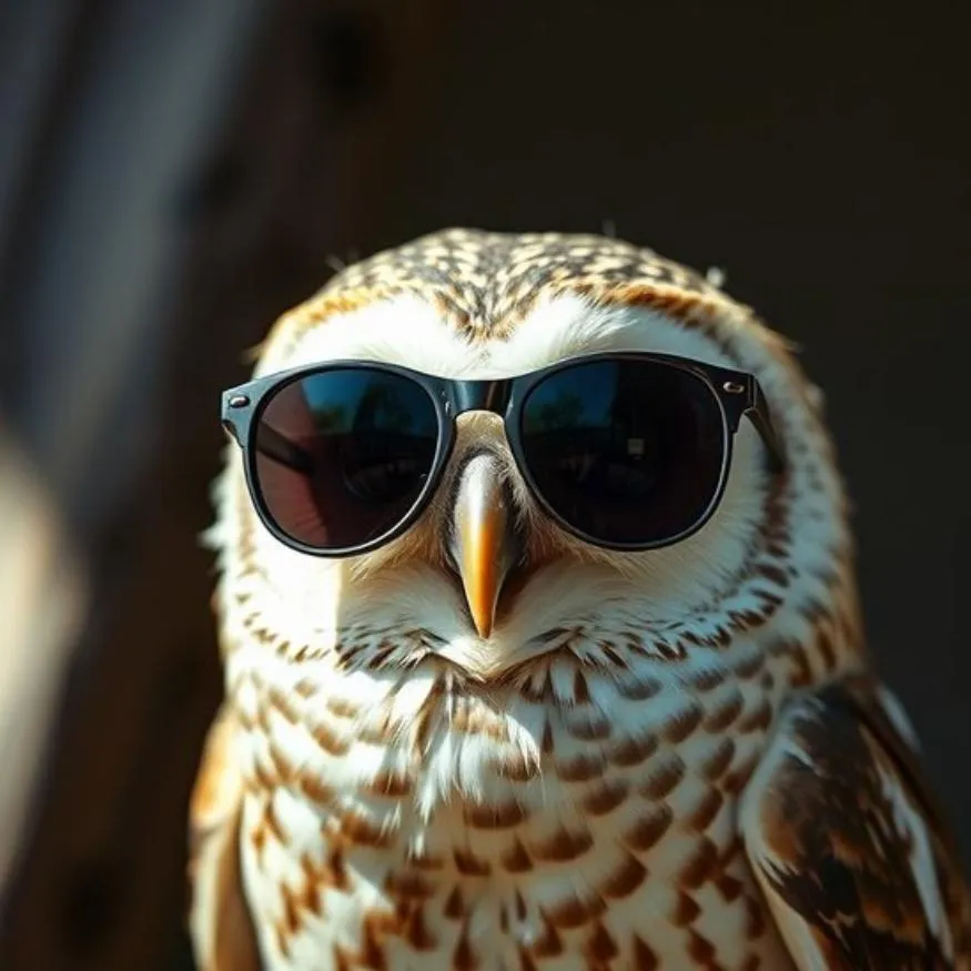 Owl PFP #13: A white and brown speckled owl wears dark round sunglasses, lit by warm sunlight against a dark brown background.