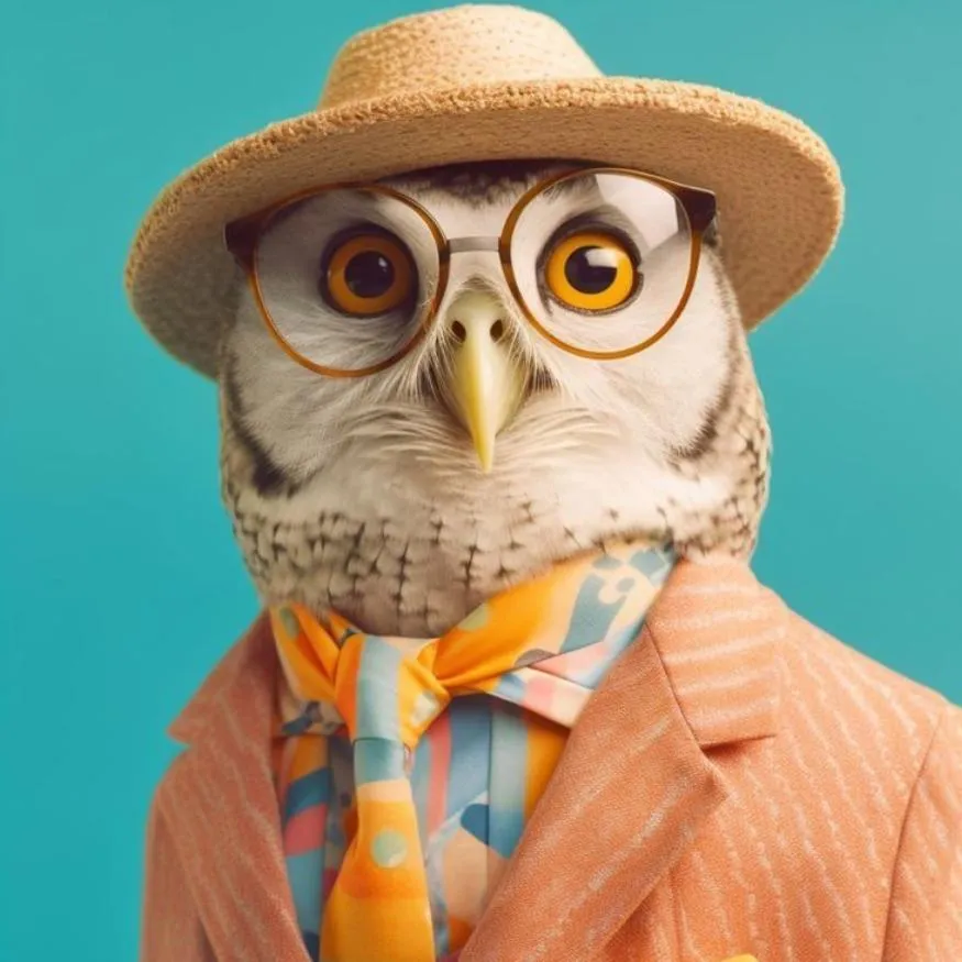 Owl PFP #19: An owl in round glasses, a straw hat, a peach suit jacket and a colourful patterned scarf poses against a teal background.