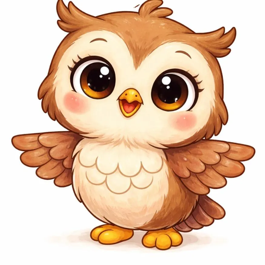 Owl PFP #21: A fluffy brown and cream cartoon owl chick with big shiny brown eyes and rosy cheeks smiles with its wings spread on white.