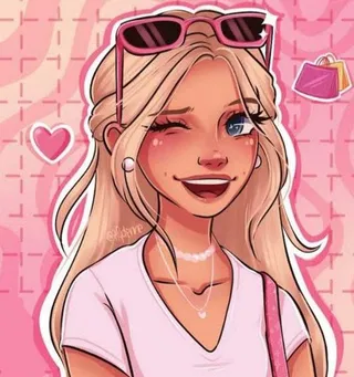 Preppy PFP #5: A winking cartoon blonde girl with pink sunglasses on her head smiles in a pink top on a pink background.
