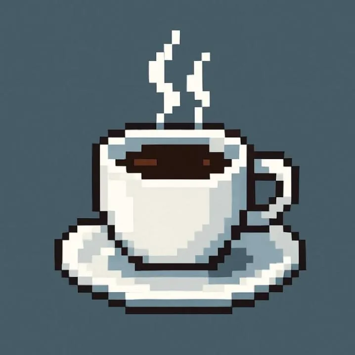 Retro PFP #1: A pixel art white cup of black coffee on a matching saucer sends up curls of steam against a slate blue background.