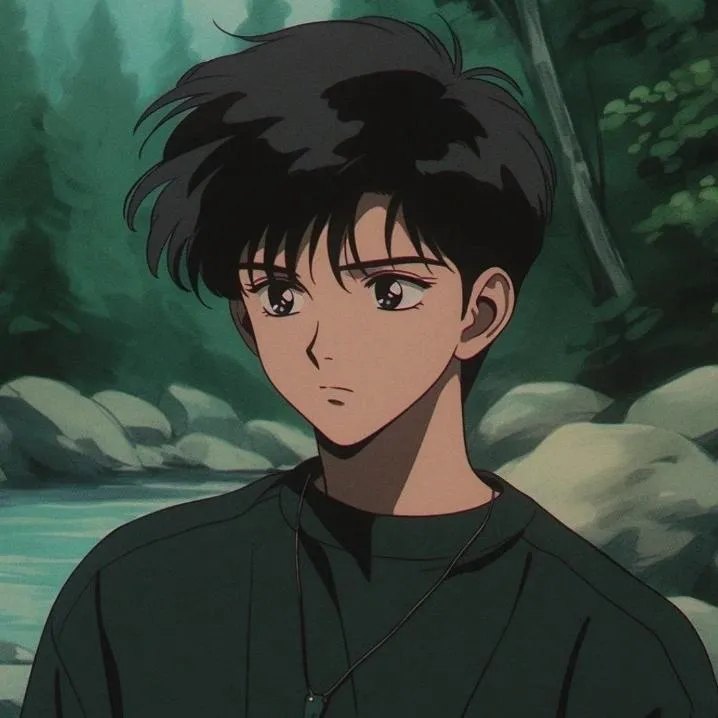 Retro PFP #10: A 90s style anime boy with dark tousled hair and a green sweatshirt glances sideways beside a shaded forest stream.