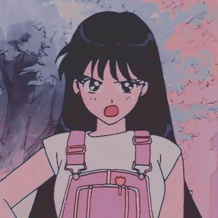 Retro PFP #11: A 90s style anime girl with long black hair and a white tee under pink overalls looks startled before pink blossom trees.