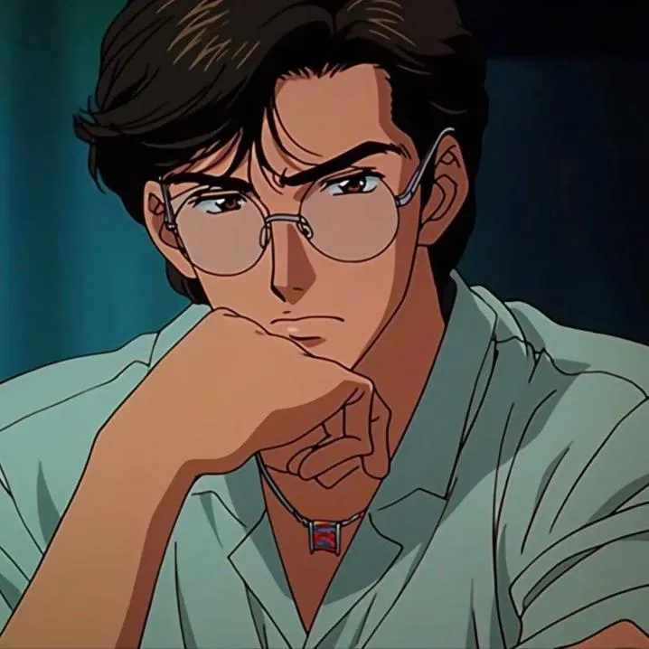 Retro PFP #12: A 90s style anime man with swept dark hair and round glasses rests his chin on his hand in an open mint green shirt.