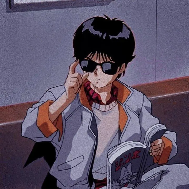 Retro PFP #13: A 90s style anime boy adjusts his black sunglasses while reading a magazine in a grey jacket with an orange lining.