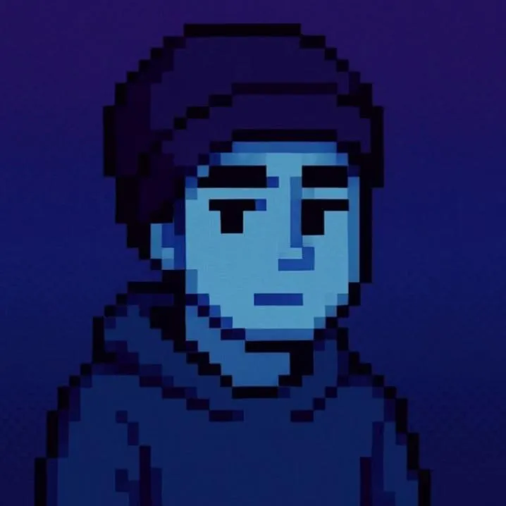 Retro PFP #14: A pixel art figure with pale blue skin, a dark beanie and a navy hoodie gives a calm sideways look on deep blue.