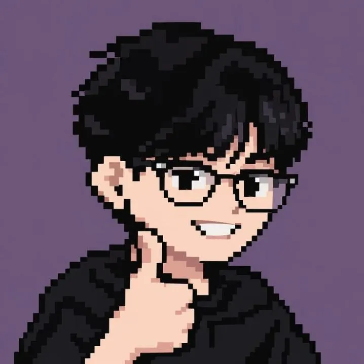 Retro PFP #15: A pixel art boy with black hair and black rimmed glasses grins with his hand on his chin against a muted purple background.
