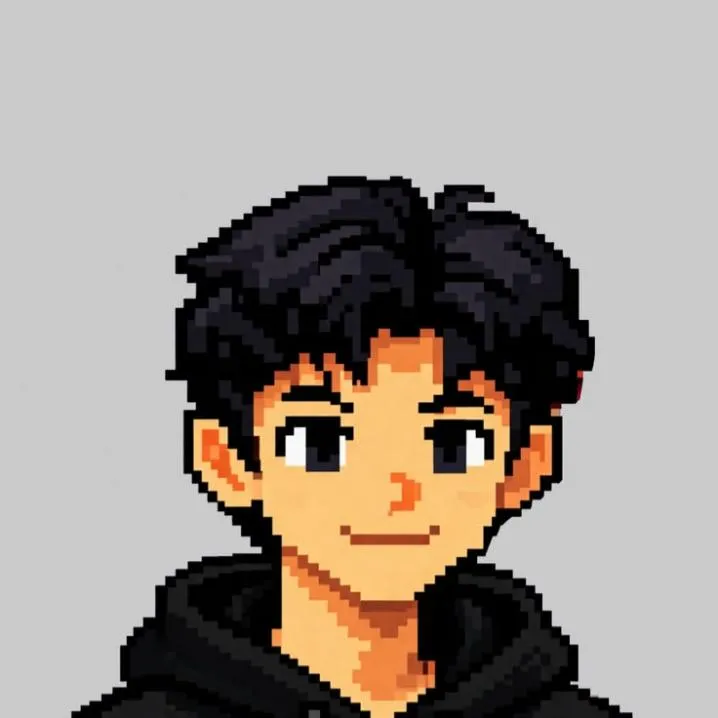 Retro PFP #16: A pixel art boy with thick black hair and a warm smile wears a black hoodie against a light grey background.