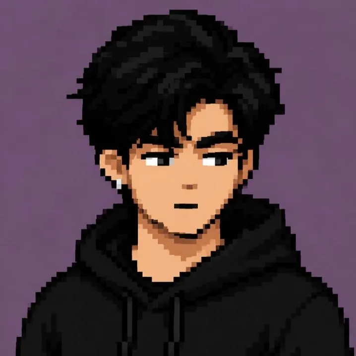 Retro PFP #17: A pixel art boy with swept black hair, a small silver earring and a black hoodie glances sideways on a purple background.