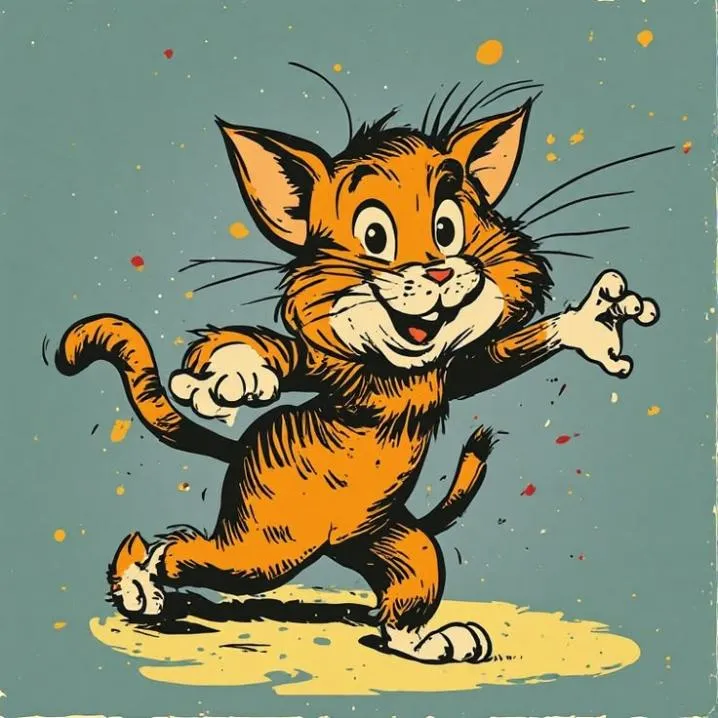 Retro PFP #19: An orange striped vintage cartoon cat with wide eyes and a big smile dances on a yellow patch against a teal background.