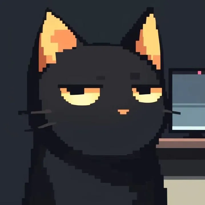 Retro PFP #2: A pixel art black cat with orange ears and half closed yellow eyes sits in a dim room beside a glowing computer screen.
