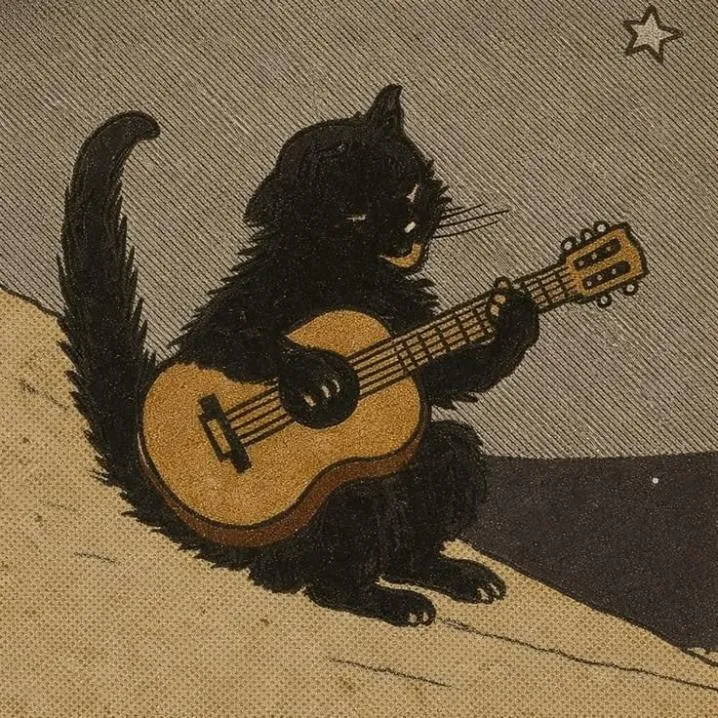 Retro PFP #20: A shaggy black cat sits upright strumming an acoustic guitar under a small star in an old halftone comic print style.