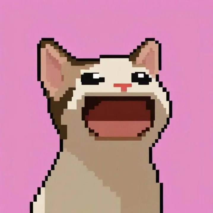 Retro PFP #3: A pixel art cream and brown cat opens its mouth wide in the popping cat meme pose against a bright pink background.