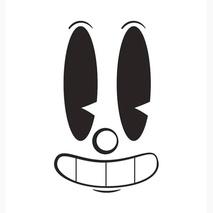 Retro PFP #4: A black and white vintage cartoon face with tall oval eyes, a round nose and a wide toothy grin floats on white.