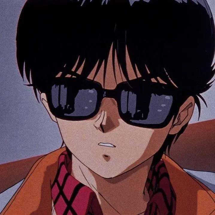Retro PFP #6: A 90s style anime boy with black hair and dark sunglasses wears an orange jacket over a red plaid collar.