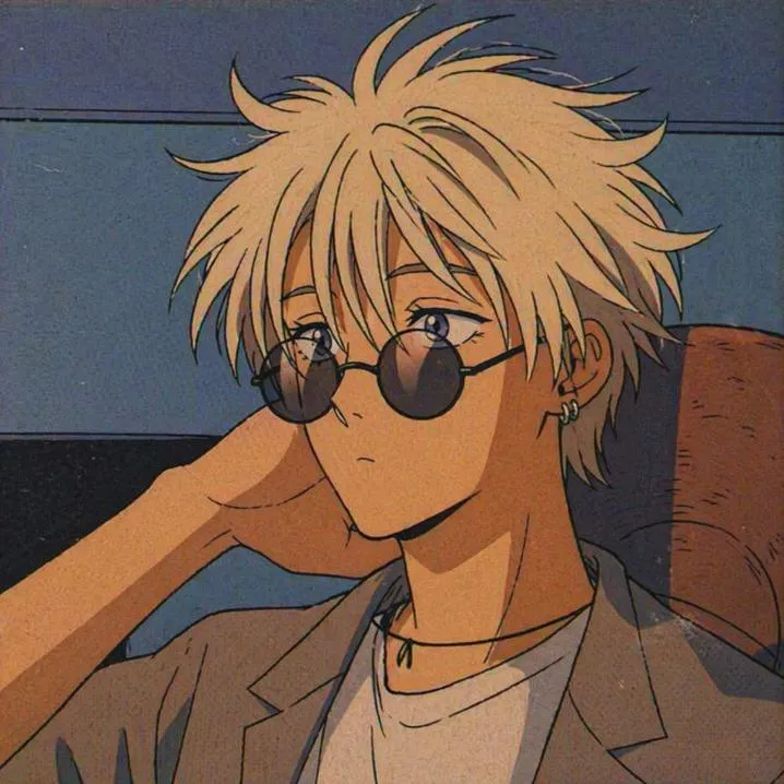 Retro PFP #7: A 90s style anime boy with messy blond hair and round tinted sunglasses rests his head on his hand in warm faded colours.