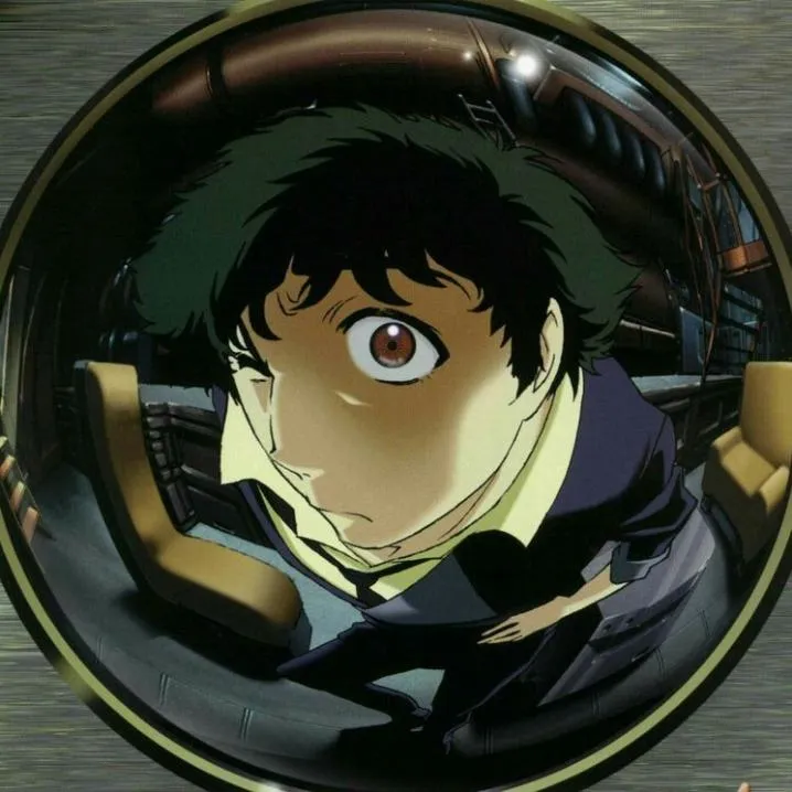 Retro PFP #8: Spike Spiegel from Cowboy Bebop, with dark green hair and a wide brown eye, leans into a round fisheye view inside his ship.