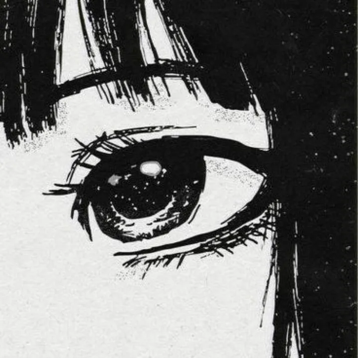 Retro PFP #9: A black and white manga close up of a wide dark eye with long lashes peering out from under heavy black bangs.