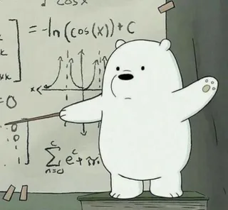 School PFP #1: Ice Bear from We Bare Bears points a stick at a whiteboard full of maths formulas in a flat cartoon style.