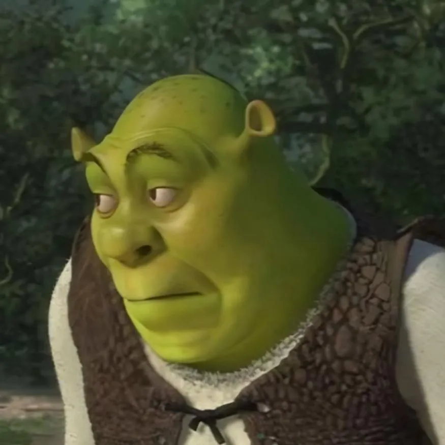 Shrek PFP #11: Shrek in his brown vest and white shirt glances sideways with raised brows and a doubtful frown in front of leafy green trees.