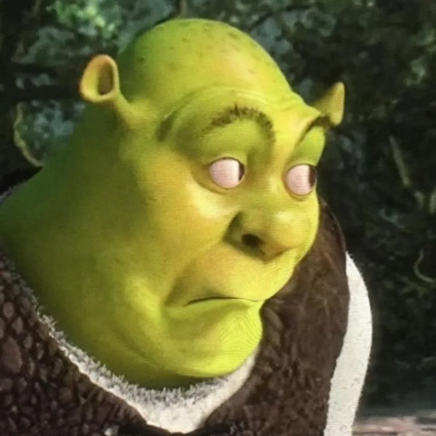 Shrek PFP #12: A close-up of Shrek with blank pale pink eyes rolled to the side and a flat frown, set against a dark green forest.