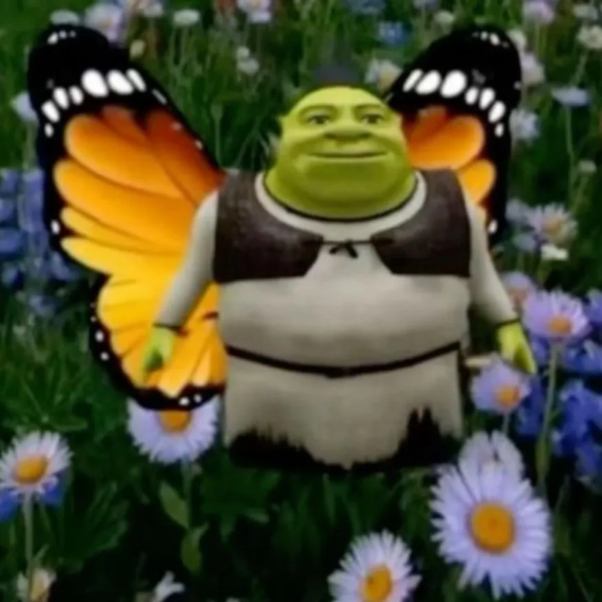 Shrek PFP #15: Shrek wears orange and black monarch butterfly wings and stands smiling among white daisies and purple flowers in a green garden.