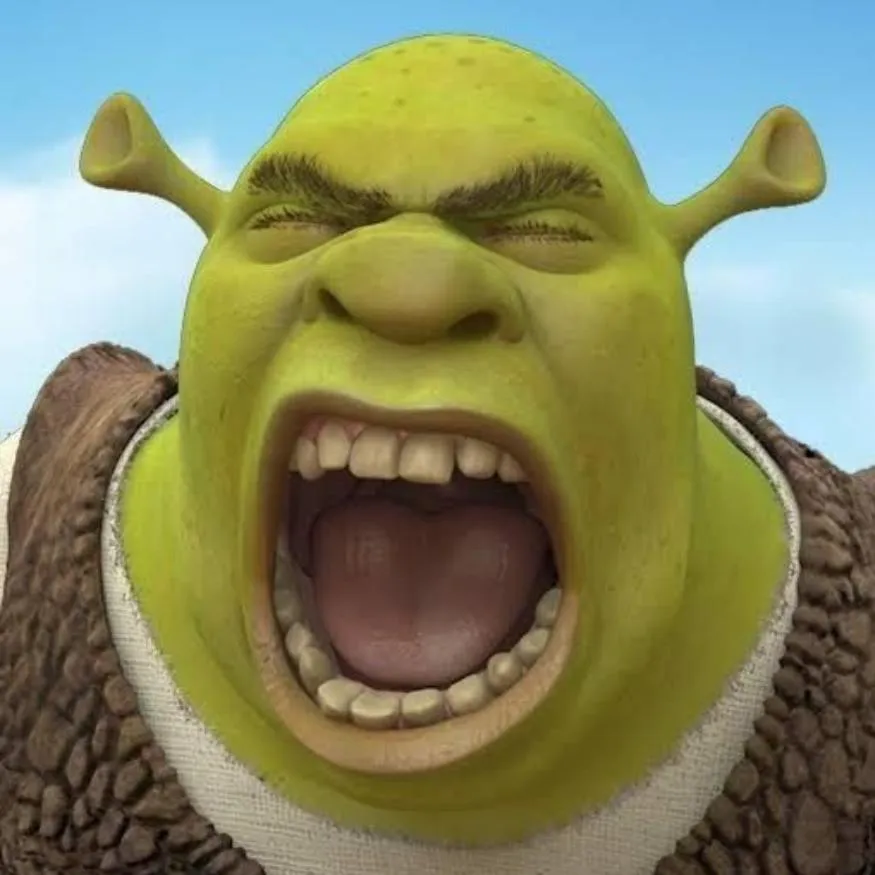 Shrek PFP #23: Shrek roars with his eyes squeezed shut and his mouth wide open, showing his crooked teeth against a bright blue sky.