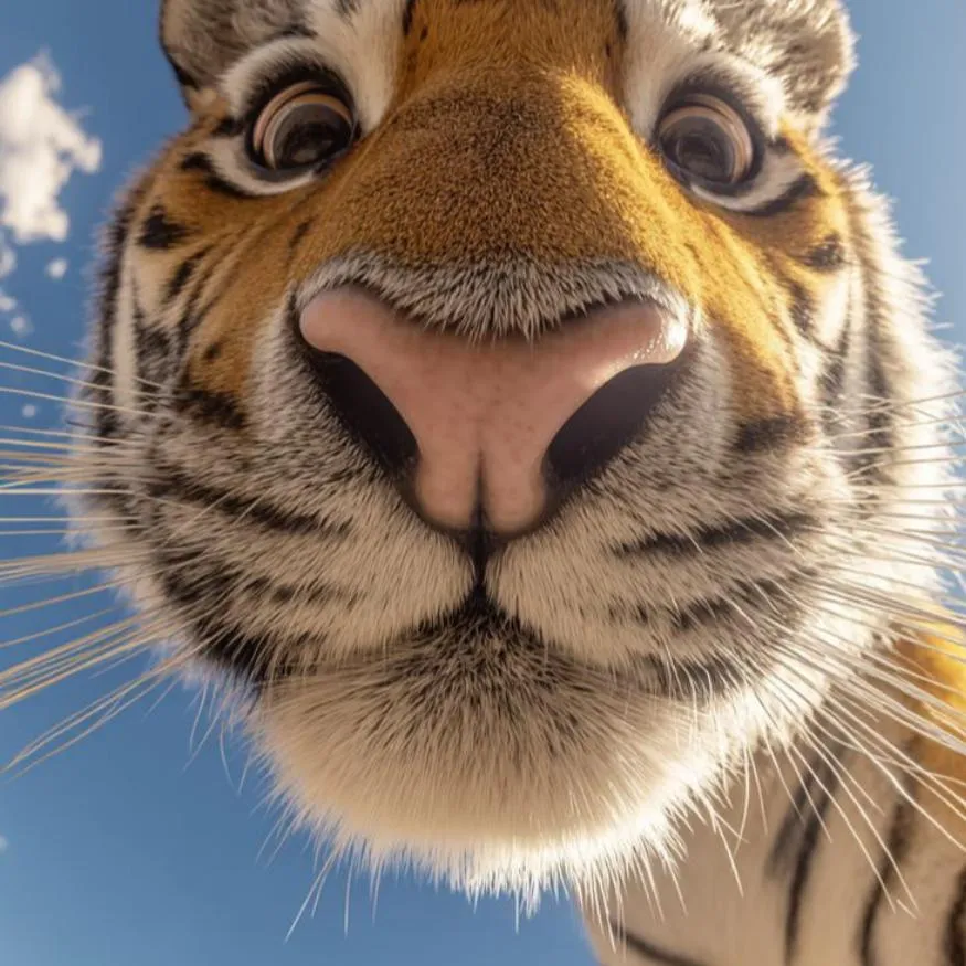 Tiger PFP #12: A tiger leans its pink nose right up to the camera with wide eyes and long whiskers against a bright blue sky.